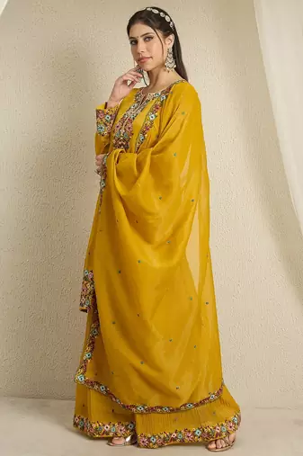 yellow organza  top with bottom and dupatta 3/4 sleeve embroidered straight kurta palazzo set