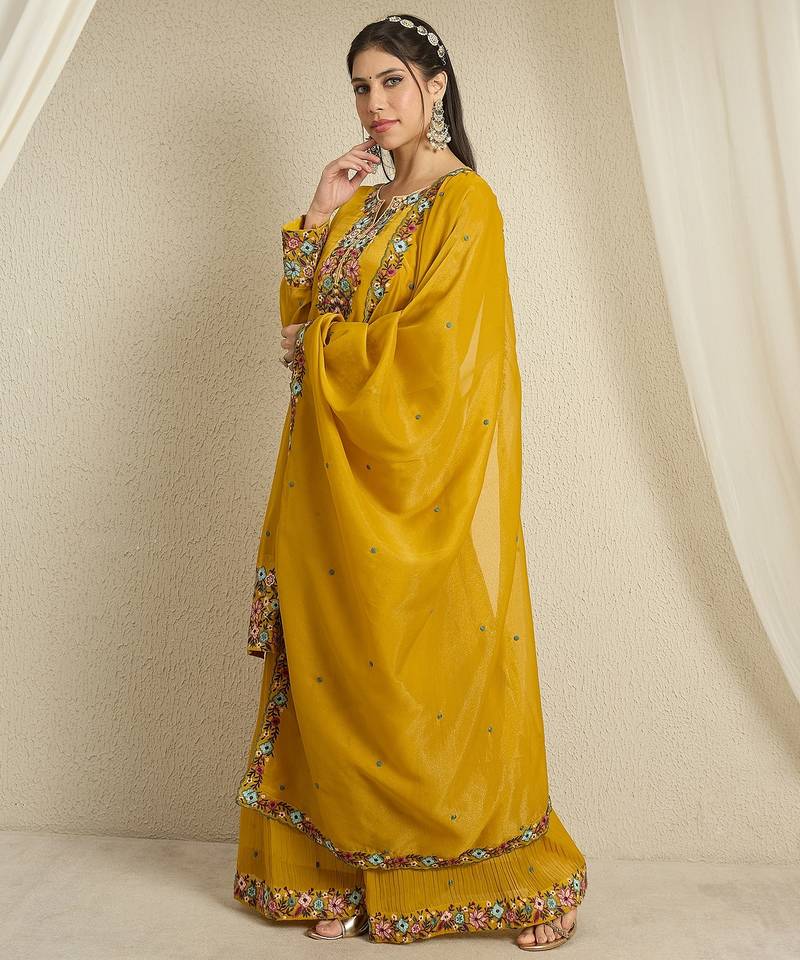 yellow organza   top with bottom and dupatta 3/4 sleeve embroidered straight kurta palazzo set