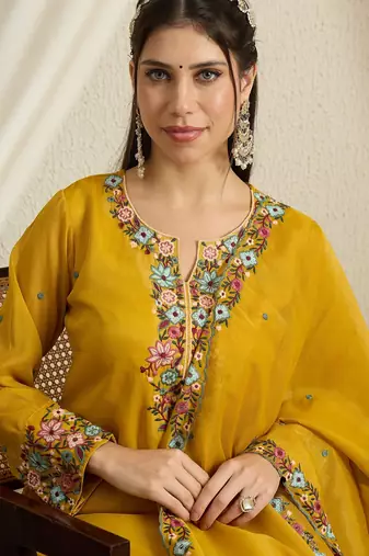 yellow organza  top with bottom and dupatta 3/4 sleeve embroidered straight kurta palazzo set