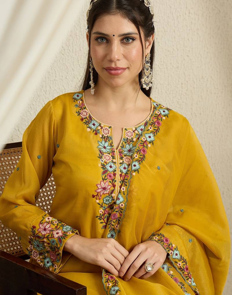 yellow organza   top with bottom and dupatta 3/4 sleeve embroidered straight kurta palazzo set