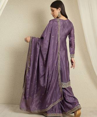 purple chinon  top with bottom and dupatta full sleeve embroidered kurta palazzo set 2
