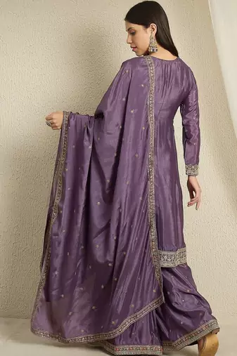purple chinon  top with bottom and dupatta full sleeve embroidered kurta palazzo set