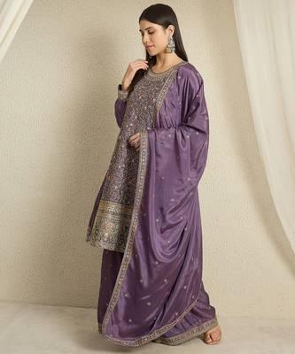 purple chinon  top with bottom and dupatta full sleeve embroidered kurta palazzo set 3