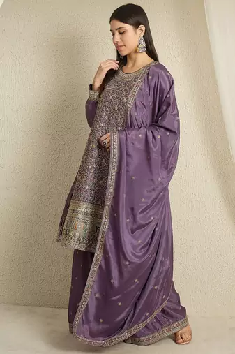 purple chinon  top with bottom and dupatta full sleeve embroidered kurta palazzo set