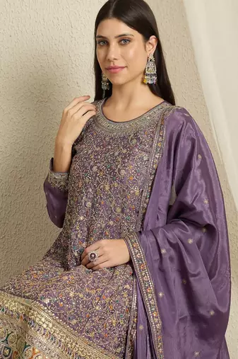 purple chinon  top with bottom and dupatta full sleeve embroidered kurta palazzo set