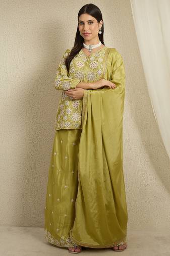 green chinon  top with bottom and dupatta 3/4 sleeve embroidered straight kurta