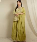 green chinon  top with bottom and dupatta 3/4 sleeve embroidered straight kurta