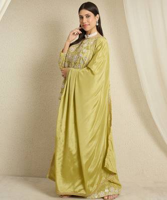 green chinon  top with bottom and dupatta 3/4 sleeve embroidered straight kurta 3