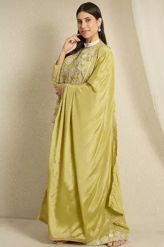 green chinon  top with bottom and dupatta 3/4 sleeve embroidered straight kurta