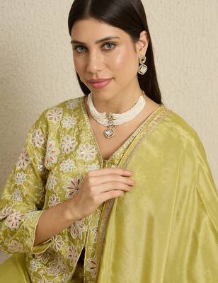 green chinon  top with bottom and dupatta 3/4 sleeve embroidered straight kurta 4