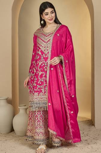pink chinon   top with bottom and dupatta full sleeve embroidered straight kurta palazzo set