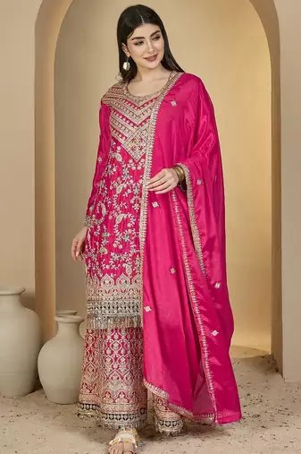 pink chinon  top with bottom and dupatta full sleeve embroidered straight kurta palazzo set