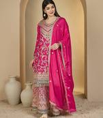 pink chinon  top with bottom and dupatta full sleeve embroidered straight kurta palazzo set