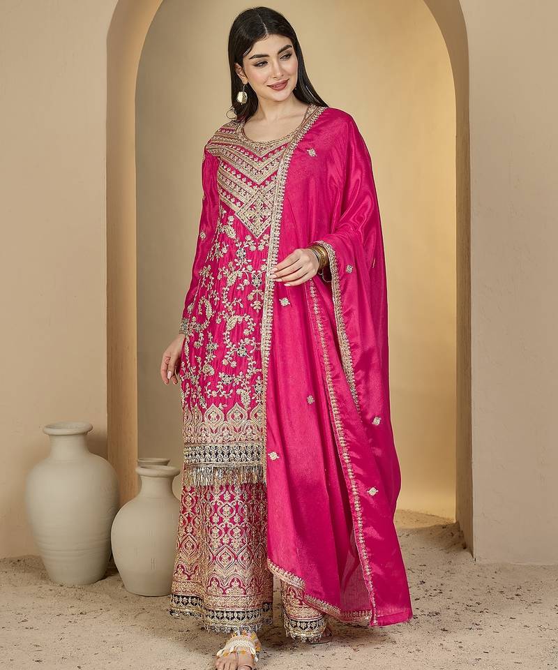 pink chinon   top with bottom and dupatta full sleeve embroidered straight kurta palazzo set
