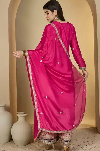 pink chinon  top with bottom and dupatta full sleeve embroidered straight kurta palazzo set