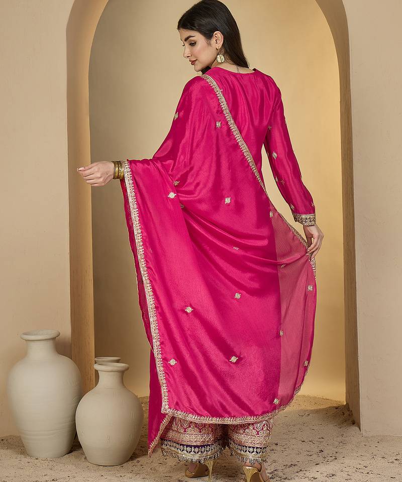 pink chinon   top with bottom and dupatta full sleeve embroidered straight kurta palazzo set