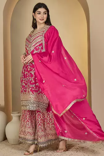 pink chinon  top with bottom and dupatta full sleeve embroidered straight kurta palazzo set