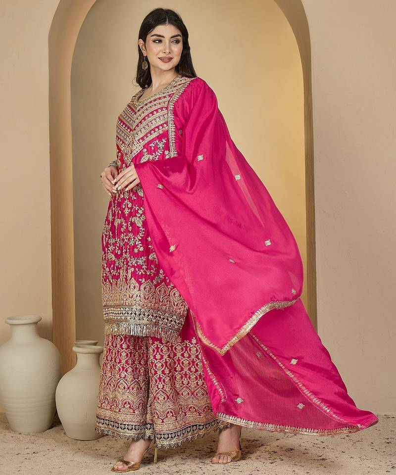 pink chinon   top with bottom and dupatta full sleeve embroidered straight kurta palazzo set