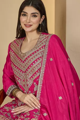 pink chinon  top with bottom and dupatta full sleeve embroidered straight kurta palazzo set