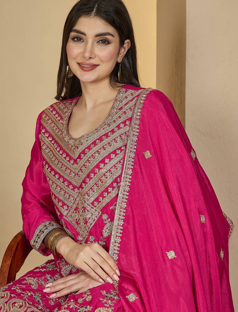pink chinon   top with bottom and dupatta full sleeve embroidered straight kurta palazzo set