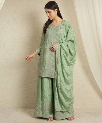 pista chinon  top with bottom and dupatta 3/4 sleeve embroidered kurta palazzo set 1