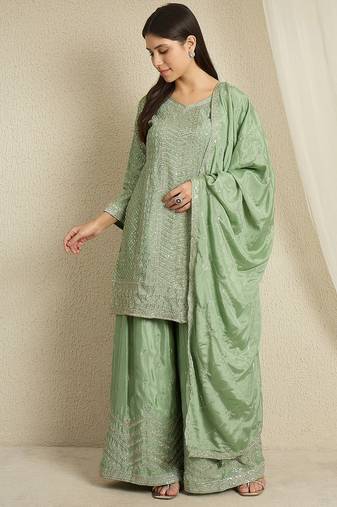 pista chinon  top with bottom and dupatta 3/4 sleeve embroidered kurta palazzo set