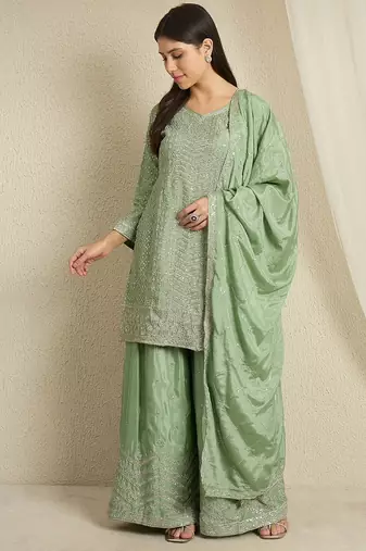 pista chinon   top with bottom and dupatta 3/4 sleeve embroidered kurta palazzo set