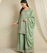 pista chinon  top with bottom and dupatta 3/4 sleeve embroidered kurta palazzo set