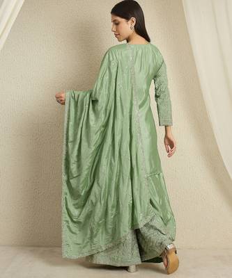 pista chinon  top with bottom and dupatta 3/4 sleeve embroidered kurta palazzo set 2