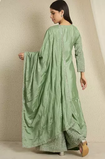 pista chinon  top with bottom and dupatta 3/4 sleeve embroidered kurta palazzo set