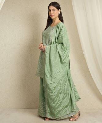 pista chinon  top with bottom and dupatta 3/4 sleeve embroidered kurta palazzo set 3