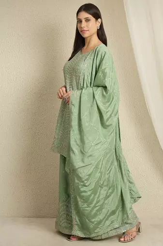 pista chinon  top with bottom and dupatta 3/4 sleeve embroidered kurta palazzo set