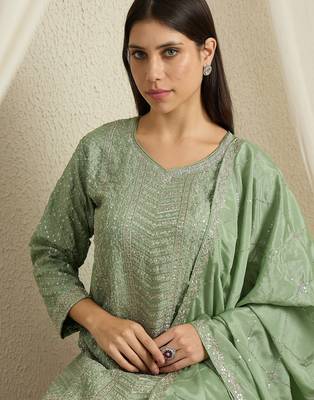 pista chinon  top with bottom and dupatta 3/4 sleeve embroidered kurta palazzo set 4