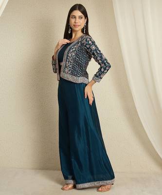 rama chinon  top with bottom 3/4 sleeve embroidered straight kurta 3