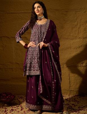 purple chinon  top with bottom and dupatta full sleeve embroidered flared kurta 1