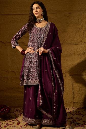 purple chinon   top with bottom and dupatta full sleeve embroidered flared kurta