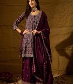 purple chinon  top with bottom and dupatta full sleeve embroidered flared kurta
