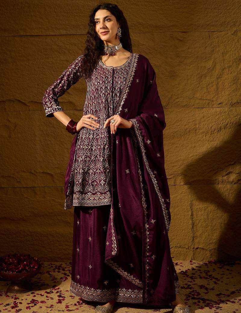 purple chinon   top with bottom and dupatta full sleeve embroidered flared kurta