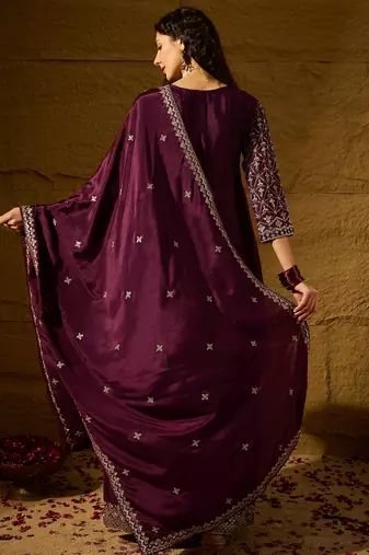 purple chinon  top with bottom and dupatta full sleeve embroidered flared kurta