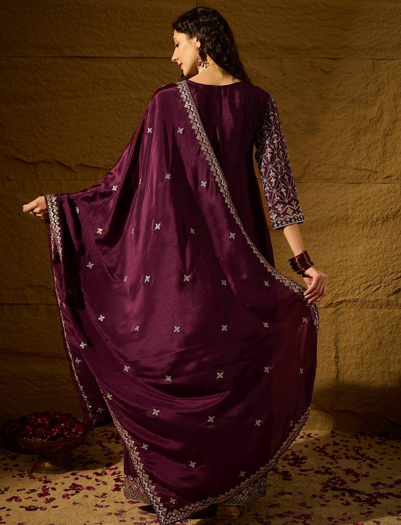 purple chinon   top with bottom and dupatta full sleeve embroidered flared kurta