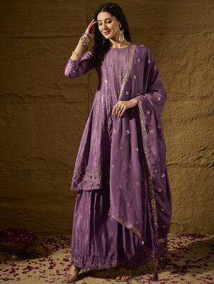 purple chinon  top with bottom and dupatta full sleeve embroidered flared kurta 1