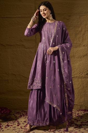 purple chinon   top with bottom and dupatta full sleeve embroidered flared kurta