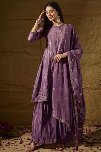 purple chinon  top with bottom and dupatta full sleeve embroidered flared kurta