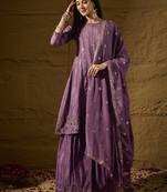 purple chinon  top with bottom and dupatta full sleeve embroidered flared kurta