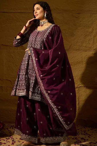 purple chinon  top with bottom and dupatta full sleeve embroidered flared kurta