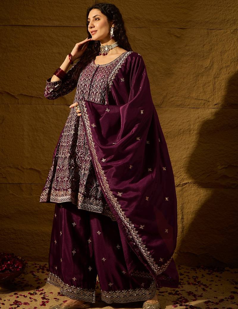 purple chinon   top with bottom and dupatta full sleeve embroidered flared kurta