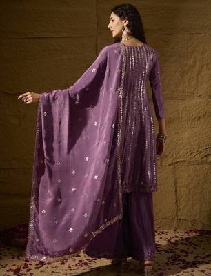 purple chinon  top with bottom and dupatta full sleeve embroidered flared kurta 2