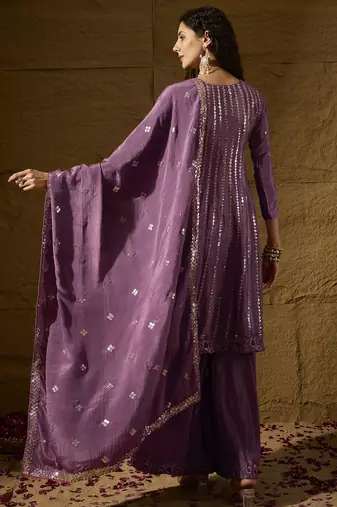 purple chinon  top with bottom and dupatta full sleeve embroidered flared kurta