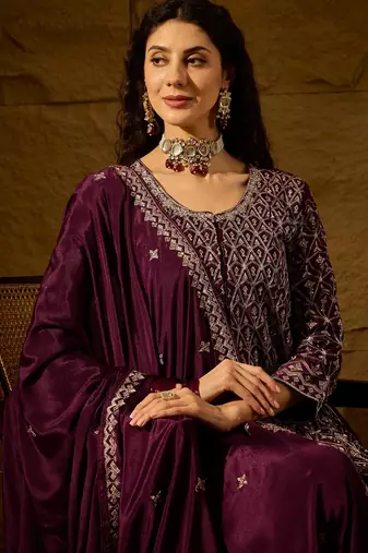 purple chinon  top with bottom and dupatta full sleeve embroidered flared kurta