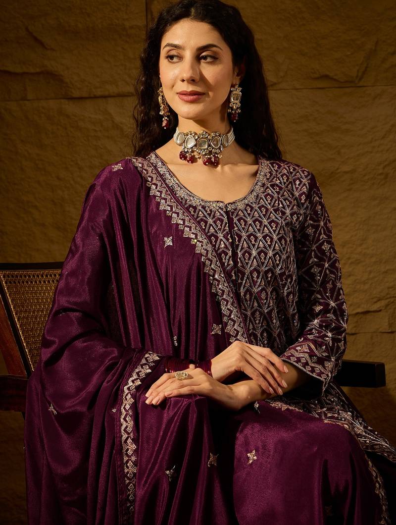 purple chinon   top with bottom and dupatta full sleeve embroidered flared kurta
